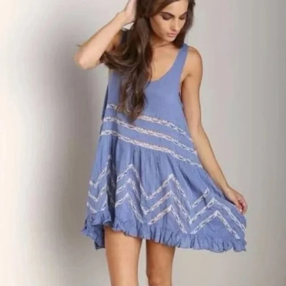 Intimately Free People Blue And lace Slip Dress Babydoll Shirt Sz Xsmall - Picture 1 of 6